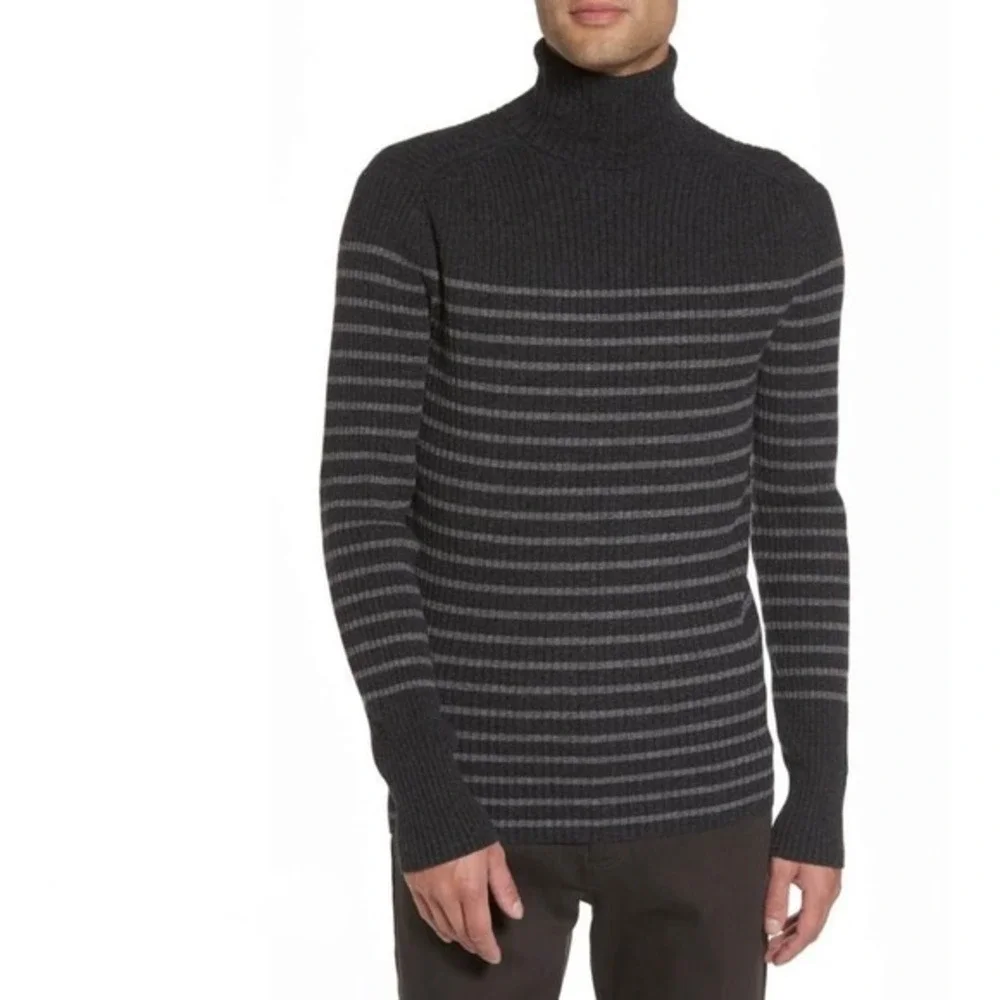 Men's VINCE Cashmere Striped Turtleneck Sweater Gray Ribbed Knitwear‎ X-Large